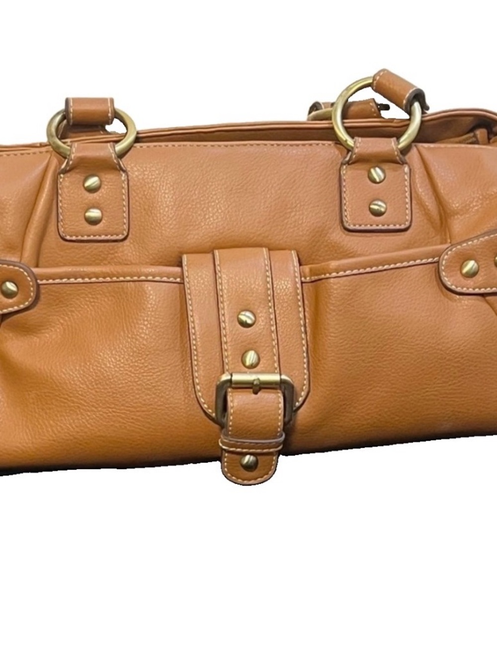 Vintage Y2K Nine West Multi Pocket Satchel Cognac Pebbled Texture Gold Harware